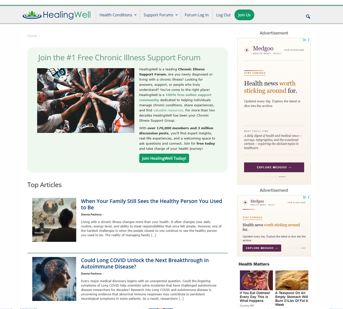 Redesigned HealingWell mobile homepage showcasing a calming logo, clean disease directories, and isolated content fields.